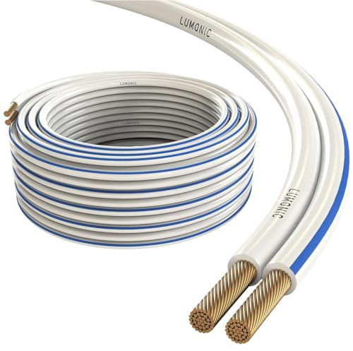 Lumonic Cables de altavoz | 10m Blanco | 2x 2,5mm² CCA | Marcado azul Cable de altavoz HiFi | Línea doble de audio