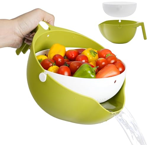 Drehbares Sieb mit Waschschale für Obst und Gemüse – Einweichen, Waschen und Abtropfen Doppelschicht-Abtropfsieb mit Schale – Pasta, Spaghetti, Nudeln, Bohnen, Obst- und Gemüsesieb mit Griff (Grün)