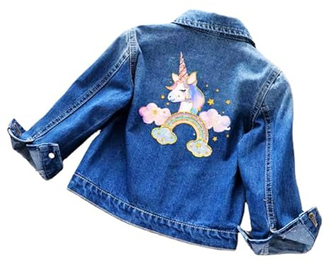OrJana Giacca di Jeans per Bambina con Unicorno, Blu Denim, Decorata con Fiori e Stelle, Design Magico con Ricami Arcobaleno