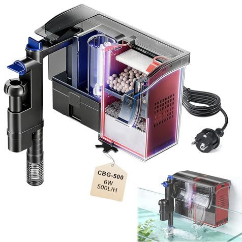 EXLECO Aquarium Filter 6W 500L/H Außenfilter Aquarium mit UV-Lampe | Rucksackfilter für Kleine Tank 38-115L, Einstellbarer Hang On mit Ersatz Schwamm & Skimmer, Anhängefilter, Schwammfilter