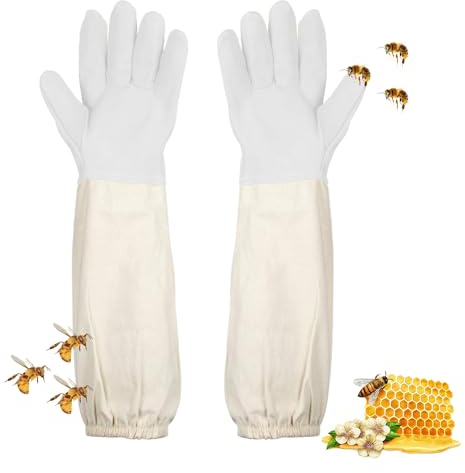 Casenly Imkerhandschuhe aus Ziegenleder, Imkerhandschuhe Stichfest Imker Handschuhe Herren Damen Segeltuch Imker Schutzhandschuhe Imker Zubehör Canvas Imkerhandschuhe 50cm für die Gartenarbeit (Weiß)