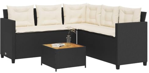 Hommdiy Gartensofa in L-Form,Outdoor Lounge Sofa Rattan,Garten Ecksofa mit Tisch und Kissen Schwarz Poly Rattan