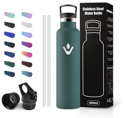 Gourde Isotherme 1L, Bouteille Isotherme Acier Inoxydable avec Paille, Isolation Double Paroi Sous Vide, Anti-Fuite, Réutilisable, Sans BPA, pour Alpinisme, Travail, Jogging et Gym
