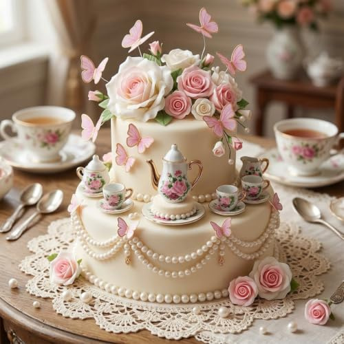 Tea Party Cake Toppers Flower Butterfly Teapot Teacup Floral Decorations | Floral Birthday Cake Decorations for Wedding Baby Bridal Shower Princess Tea Party Supplies