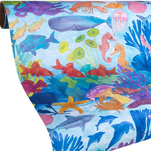 FISCHE Geschenkpapier Meer - 5 Meter Papier Rolle - BLUE OCEAN Geschenkpapier wie ein Aquarium - Teens & Erwachsene zum Geburtstag, Weihnachten, Urlaub - reißfestes Papier