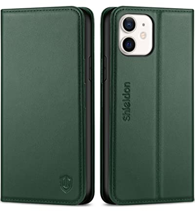 SHIELDON Wallet Case for iPhone 11, Protective Genuine Leather Case with RFID Blocking, Viewing Stand, Magnetic Close, TPU Shell, Flip Cover Compatible with iPhone 11, 6.1, Midnight Green