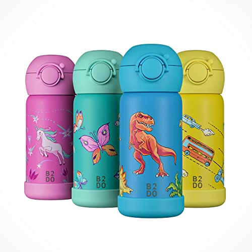 B2DO Gourde Enfant Isotherme 350ml Dinosaure Bleu | Bouteille Isotherme Antifuite et Isolée pour École | Gourde sans BPA avec Paille pour Enfants