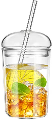 DOITOOL glas mit strohhalm : Glasbecher mit deckel und strohhalm,15 oz bubble tea becher für Lebensmittelsaft,Kaffee,Smoothie,Tee,Marmelade, Klar trinkglas mit deckel,iced coffee cup