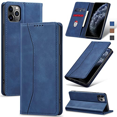 Jasonyu Handyhülle für iPhone 11 Pro Max Hülle Leder Flip Klappbare Stoßfeste Magnetische Premium PU Leder Standfunktion Kartenfächern Schutzhülle Klapphülle,Blau