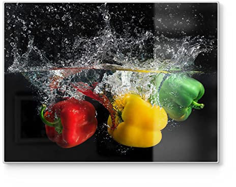 DEQORI Schneidebrett aus Glas | groß 40x30 cm | Motiv Drei Paprika im Wasser | Design Schneideplatte für Küche | Frühstücksbrett antibakteriell & rutschfest | Glasplatte & Servierplatte