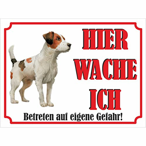 INDIGOS UG - Jack Russell Terrier - Schild bedruckt - Hier wache ich - Aluverbundplatte weiß - ab 20x15 cm - Spruch - Deko Geschenkidee für Ihren Hund - Zaun - Türschild