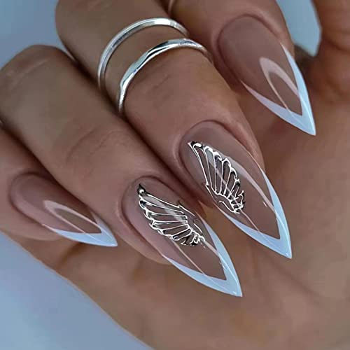 24 Stück Falsche Nägel Mandel Kurz, Rosa & Weiß Nägel Zum Aufkleben French Kunstnägel Press on Nails mit Flügel Design, Stiletto Acryl Künstliche Nägel Fingernägel Fake Nails für Frauen und Mädchen