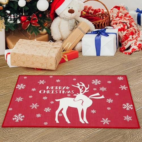 CAROMIO Doormat indoor Anti Skid Christmas Door Mat Indoor & Outdoor Dirt Trapper Welcome Mats Small Carpets Xmas Door Decoration Entrance Floor Mat White Reindeer 16x24 Inch (40 x 60 cm)