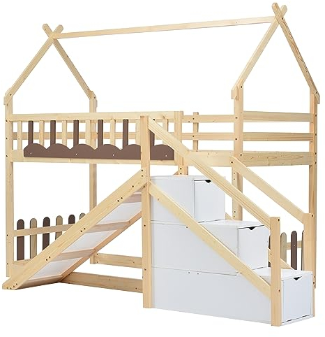 Kinder Hochbett mit Rutsche und Leiter 90x200cm Etagenbett mit Stauraumtreppe Fallschutz und Gitter, Hochbett Spielbett Stockbett, Rahmen aus Kiefer, Natur