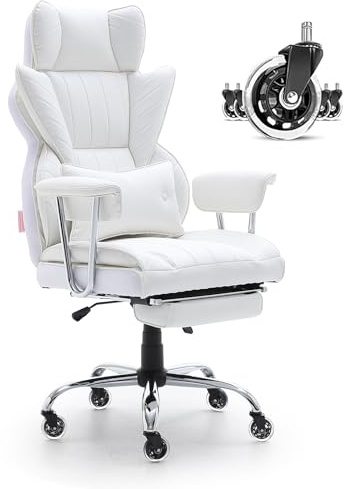 VEVOR Reclining Office Chair with Footrest, Heavy Duty PU Leather Wide Office Chair, Big and Tall Executive Office Chairs with Lumbar Support, Strong Metal Base Quiet Wheels, White