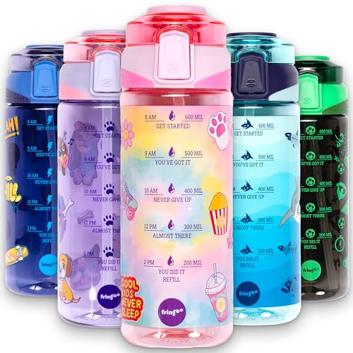 Fringoo - 650ml Kids Water Bottle - Carry Handle 100% Leakproof & BPA Free Tritan Silicon Straw - Secure Flip Lock Lid, Pink Tie Dye Design