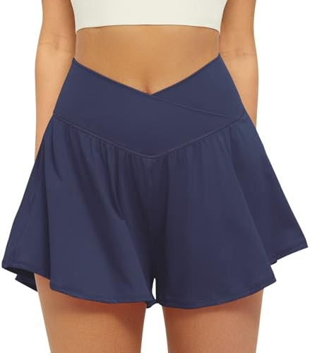 Friptspyg Hosenrock Damen Kurze Sporthose Damen Sport Shorts Kurz Laufshorts 2 in 1 mit Tasche V High Waist Sommer Stretch Tennis Shorts, Marineblau L