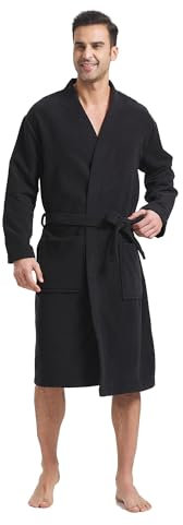 FashGudim Peignoir en tissu éponge pour hommes, grands et petits, peignoir kimono court, super absorbant, longueur mollet, avec poches, Noir , 6XL