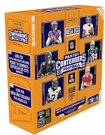 2024–25 Panini Contenders NFL-Fußball-Mega-Box, offizielle Sammelkarten, Autogramme, Parallelen und Einsätze, versiegelte Einzelhandelsbox