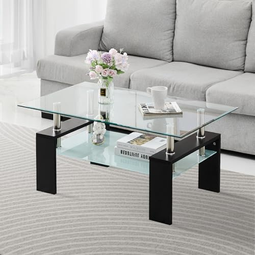 ZBAOLTO Couchtisch Glas Rechteckiger Kaffeetisch mit unterer Ablage Schwarz | Glastisch, modernes Design, für Wohnzimmer, Gästebereich, Empfangsraum, 100×60×45 cm