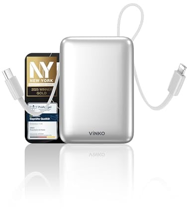 VINKO Powerbank 20.000mAh 22.5W mit integriertem 2 Kabel, High-Speed portables Ladegerät, Klein Powerbank Akkupack für iPhone 17 16 15 14 13 Samsung Pixel Xiaomi Redmi iPad etc. -Weiß