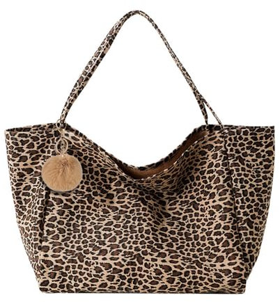 XFSRG Große Leopardentasche Canvas Umhängetasche Damen mit Pompon Anhänger 41×22×37 cm Weiche Schultertasche ohne Futter Innentasche Leichte Tasche Damen (Braun)