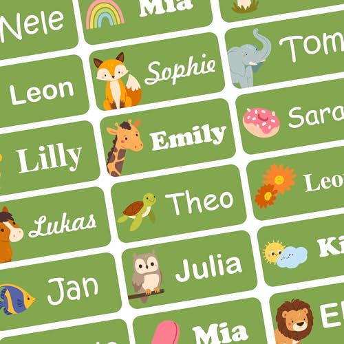 INDIGOS UG - Namensaufkleber Kinder Schule - Textilien & Gegenstände - 180 Sticker Farbe grün - Namensschilder für Kleidung - personalisierte Aufkleber mit Wunschtext - waschmaschinenfest