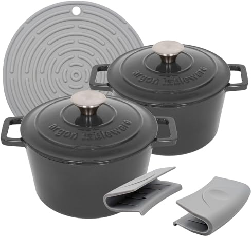 Argon Tableware Round Cast Iron Casserole Dish Set with Self-Basting Lid - 2.8L / 4.5L - Slate Grey - 2 Piece Induction Hob Cooking Dutch Oven Bread Baking Serving Roasting Stew Stock Pot Cookware