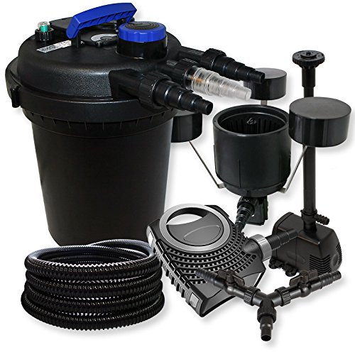 SunSun Komplettset: CPF-250 Teichdruckfilter bis 10000 L mit 11W Teichklärer, CTF-8000 Teichpumpe 8000l/h 70W, 25m Teichschlauch 25mm, CSP-250 Skimmer 2500l/h, HJ-943 Springbrunnen 800l/h, Y-Verteiler