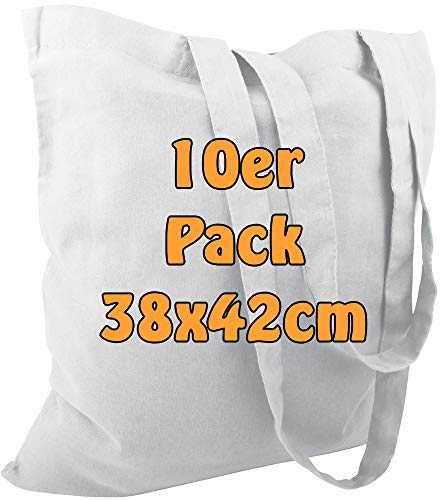 Cottonbagjoe 10 Stück Baumwolltaschen Weiß | 38x42 cm | unbedruckt | lange Henkel | ideal zum Bedrucken & Beplotten | Öko-Tex zertifiziert