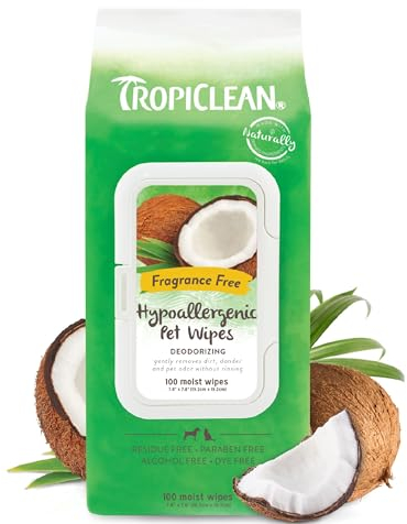 TropiClean Dog Wipes Grooming - Hypoallergenic Cleaning & Deoderising Wipes for Dogs, Cats, Puppies & Kittens with Allergies & Sensitive Skin - Removes Dirt, Dander & Odor, Fragrance Free, 100ct