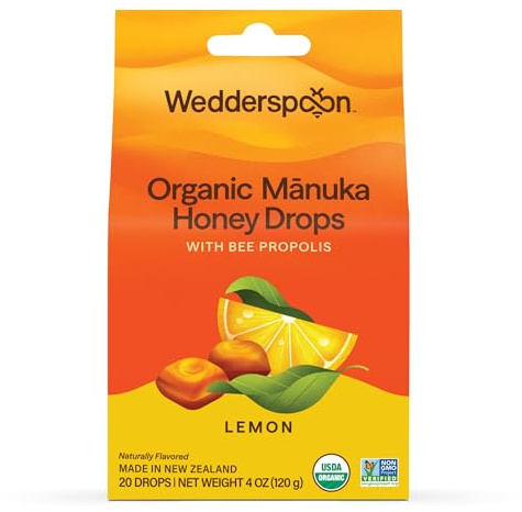 Wedderspoon Organic Manuka Honey Drops, Lemon & Bee Propolis, 20 Count