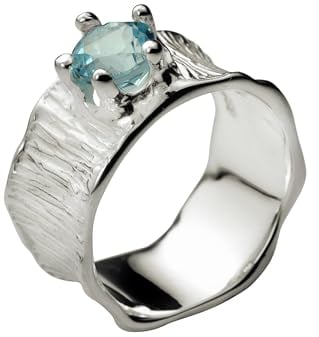 SILBERMOOS Damen Bandring Blautopas Ring mit blauem Topas Lotusblatt-Struktur 925 Sterling Silber, Größe:62