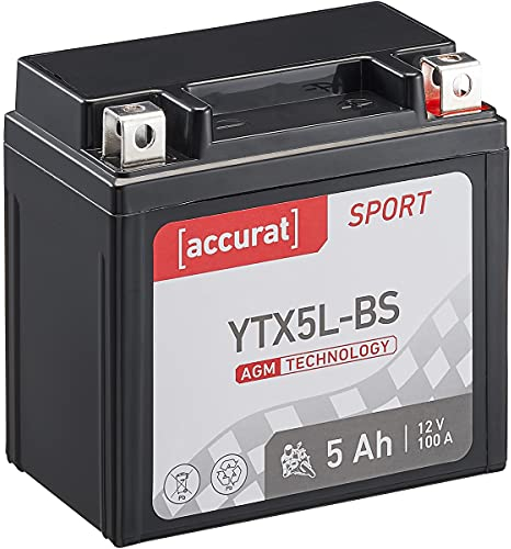 Accurat batterie moto YTX5L-BS AGM 12V 5 Ah 113 x 70 x 107 mm – Batterie de Démarrage Haute Performance Sans Entretien, Résistante aux Vibrations, Batterie Quad