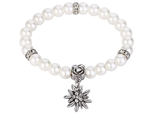 Clearine Damen Oktoberfest Trachtenscmuck Künstliche Perlen Kristall Edelweiß-Trachten-Perlenarmband Elastisches Armband (Stil 1)