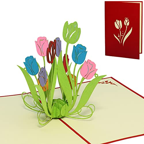 LINPOPUP®, LIN17578, Pop Up Karte Blumen, POP UP Karten Geburtstag, Pop-Up Karte Muttertagskarte Geburtstagskarte Muttertag Gute Besserung Blumen Osterkarte, Tulpen, N337