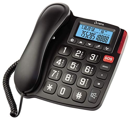 OLYMPIA 4520 Telefono fisso a filo per anziani, con tasti grandi, tasti SOS e vivavoce, Nero