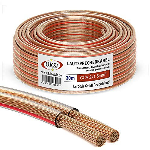 OKSI Lautsprecherkabel - 2x1,5mm² - 30 m, Transparent | CCA (Kupfer+Alu) für HiFi, Anschluss von Audio-Stereo an Verstärker, Surround-Sound-System, TV-Heimkino und Autoradio