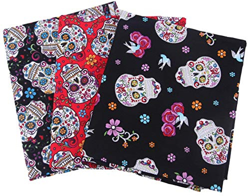 Stoffreste Zum Nähen - 3PCS Patchwork Stoffe Paket 50x50cm,Halloween Schädelgeistmuster Baumwollstoff Patchwork Stoffe DIY Gewebe Quadrate, Baumwollstoff Meterware Stoffe Zum Nähen Patchwork Baumwolle