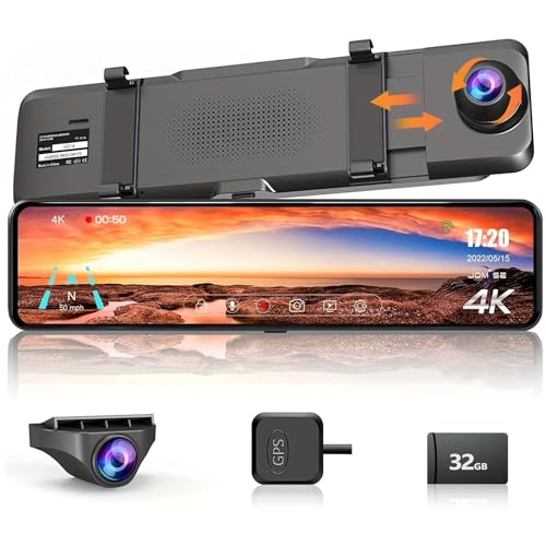 JOMISE 4K UHD Mirror Dash Cam Front and Rear, 11 IPS Touch Screen Rearview Mirror for Cars & Trucks, Backup Camera, GPS Tracking, Parking Monitor, 32GB Card Included-G814