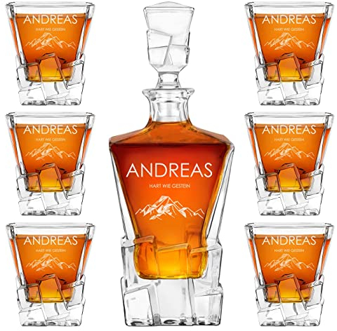 Maverton 950 ml Whiskykaraffe + 6er Whisky Gläser Set mit Gravur - Whiskey Dekanter - luxuriöses Design - Kristallglas - für Männer zum Geburtstag - Berge