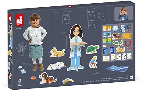 Janod - Ein Tag... beim Tierarzt – Rollenspiel für Berufe – incl. 40 Zubehörteile – Große Figuren (65 cm) - Regt die Fantasie an - FSC-zertifiziert - Ab 3 Jahren, J06622