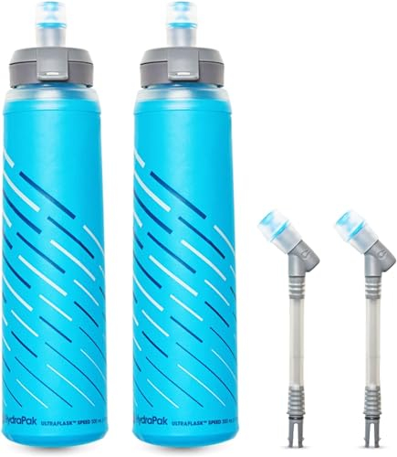 HydraPak UltraFlask Speed 500ml 2-Pack - Collapsible Soft Flask Water Bottle for Hydration Vests and Running Packs with Easy Open Cap (500 ml/17 oz), Malibu Blue