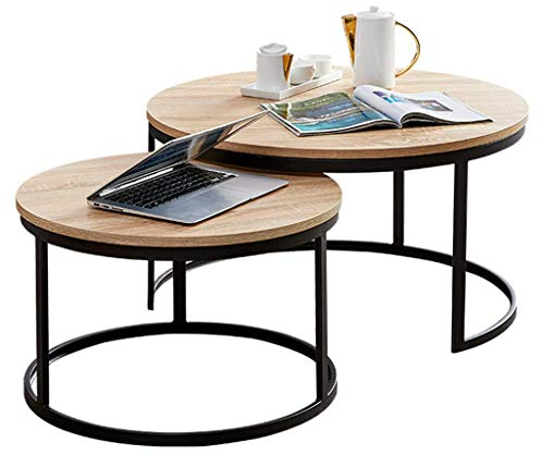 JYCCH Home Décor Furniture Round Side Tea Coffee Table Sets Living Room Center Tables Laptop Desk, Wood Top & Metal Base, Easy to Clean Living Room or Lounge
