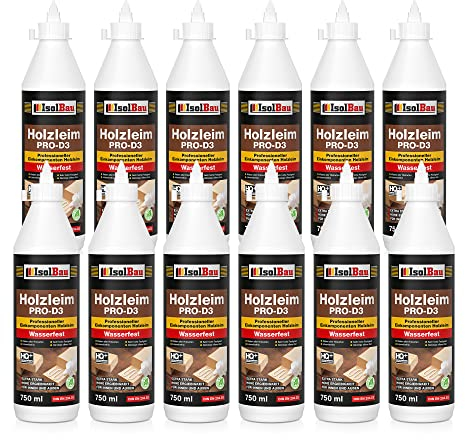 Isolbau Holzleim PRO-D3-12 x 750 ml (860 g) Extra starker Holzkleber für alle Holzarten, für Innen & Außen, Wasserfest, Lösemittelfrei