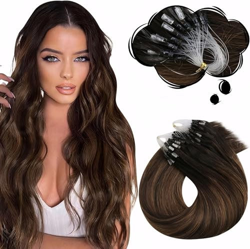 Moresoo Microring Extensions Echthaar 35 cm Braunwurzel bis Dunkelbraun mit Kastanienbraun Haar Extensions Seidenglatt Für Jede Tätigkeit 50G 50Stränge #2/6/2