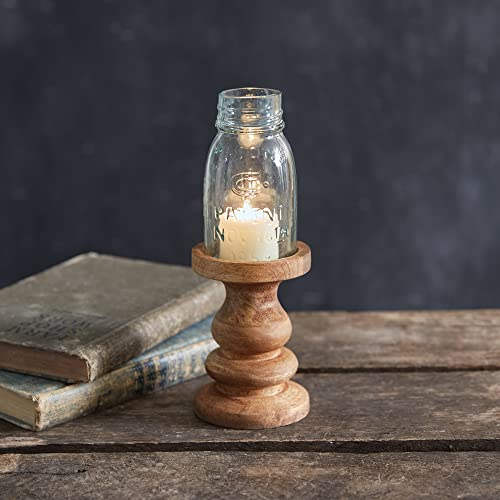 CTW Home Collection Quarter Pint Wooden Pedestal Candle Holder with Mason Jar Chimney, 8-inch Height, Home Accent, Tabletop Decor