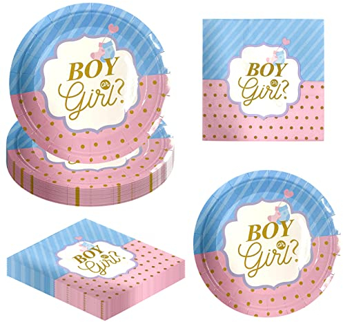 AINIUNIU Boy or Girl Gender Reveal Party Teller Set, 16 Gäste Gender Reveal Party Geschirr Pappteller Servietten, für Babyparty Gender Reveal Party Tischdeko