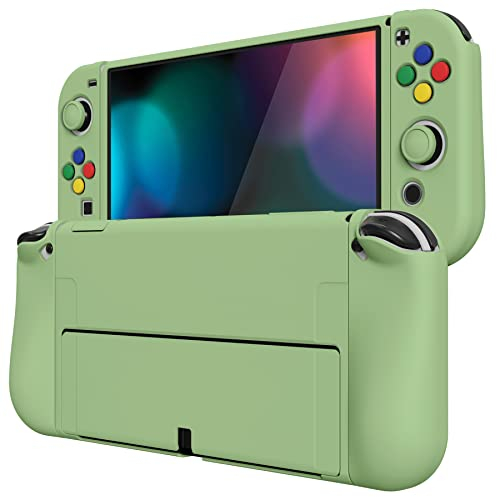 PlayVital ZealProtect Weiche Schutzhülle für Nintendo Switch OLED Konsole Joy Con, Case Hülle Cover Zubehör für Nintendo Switch OLED mit Thumbstick-Caps&Tastenkappen(Matcha Grün)