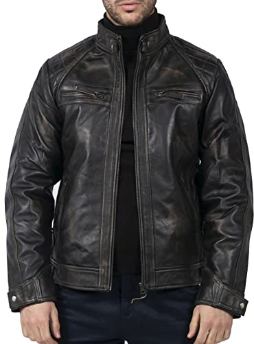 TruClothing Men's Biker Jacket Outwear Windproof Winter Motorcycle Rider Real Leather Jackets Coat Retro - Black Vintage M